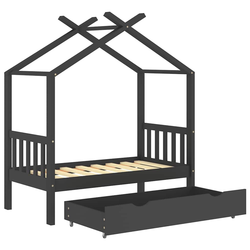 Cama infantil con cajón, color gris oscuro, madera maciza de pino, 70 x 140 cm, somier, espacio de almacenamiento, marco de cama, casa de juegos, habitación infantil