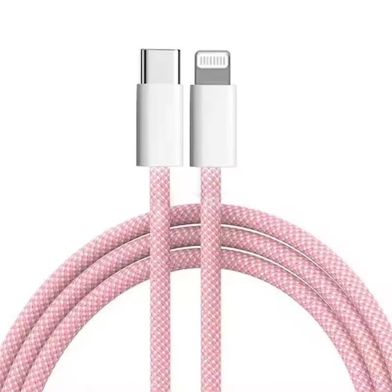 Image of Braided USB-C to I Fast Charging Cable Compatible for iPhone 14, 13, 12,11, X, 8, 7, 6, 5, iPad Air, Pro, Mini, iPad Pink Color