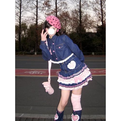 Denim Patchwork Gingham Heart Kawaii Ruffle Mini High Waist Bowknot Lace Ribbon Trim Puffy Cute Skirts2