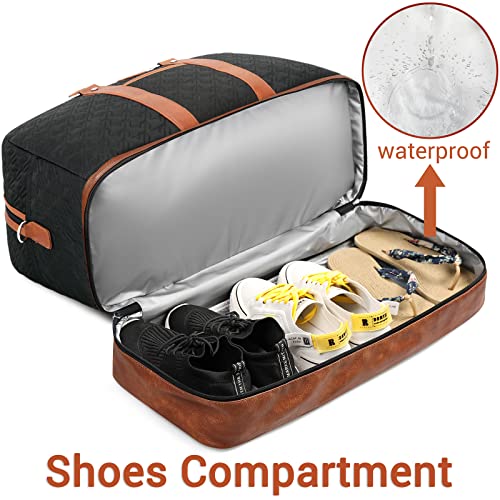 Image of Weekender Bag for Women, Large Overnight Bag Canvas Travel Duffel Bag Carry On Tote with Shoe Compartment 21 inch 3Pcs Set, A12-brown+black, Large, Practical