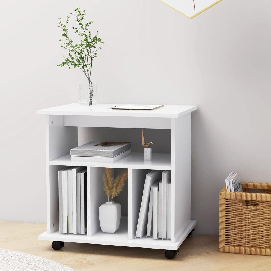 Modern White Engineered Wood Rolling Storage Cabinet with Lockable Wheels and Two Shelves for Office Home Workspace Organization