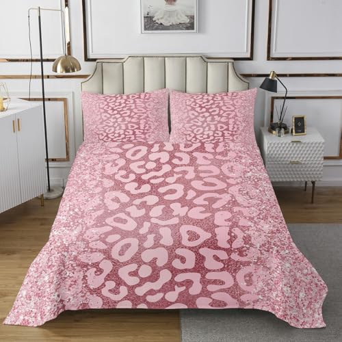 Castle Fairy Wild Animal Skin Skin Bedspread Queen Size Bedding for Teens Living Room Pink Black Glitter Print Decor Coverlet Set Leopard Print Quilt Set for All Season,3 Pcs with 2 Pillowcases
