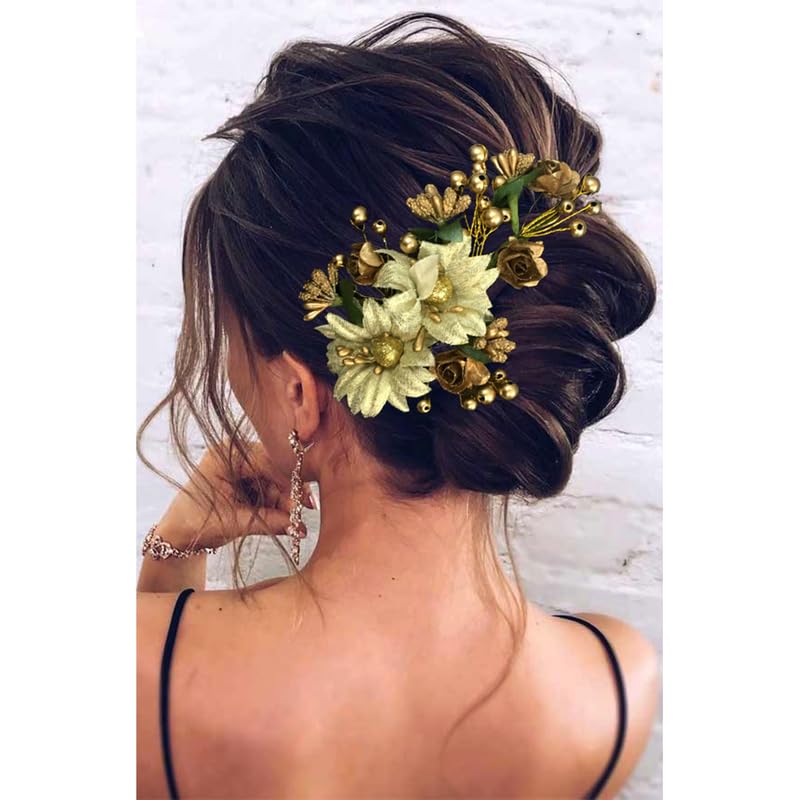 Hair Flare Women Artificial Flower with Pearls Hair Pin/Hair Accessories And Hair Pins for Women and Girls – 2166, Gold, Pack of 1