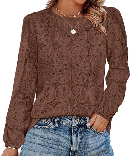 Image of OFEEFAN Blouses for Women Dressy Casual Spring Tops 2026 Summer Outfits Flower Lace Crochet Long Sleeve Shirts