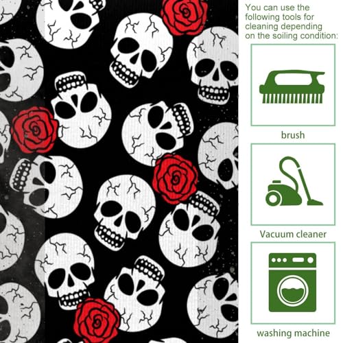 Alfombrillas de cocina lavables con estampado de calaveras y rosas rojas sobre negro 5