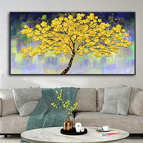 Impression sur toile arbre riche doré art mural haut de gamme 70x140 cm pour salon