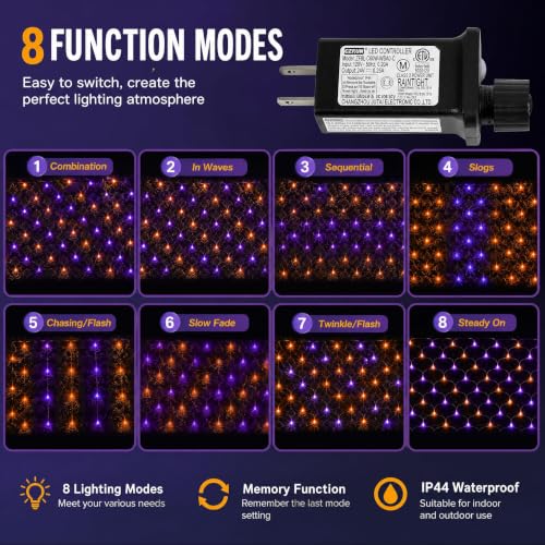 Image of Dazzle Bright Halloween 360 LED Net Lights, 12FT x 5FT Connectable Waterproof String Lights Clear Wire with 8 Modes, Halloween Decorations for Indoor Outdoor Party Yard Garden Decor, Purple & Orange