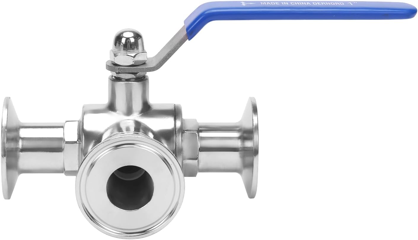 DERNORD 1.5" Tri Clamp Sanitary Ball Valve, 3-Way Ball Valve T-Port Stainless Steel 304, PTFE Lined (1 inch Tube OD)