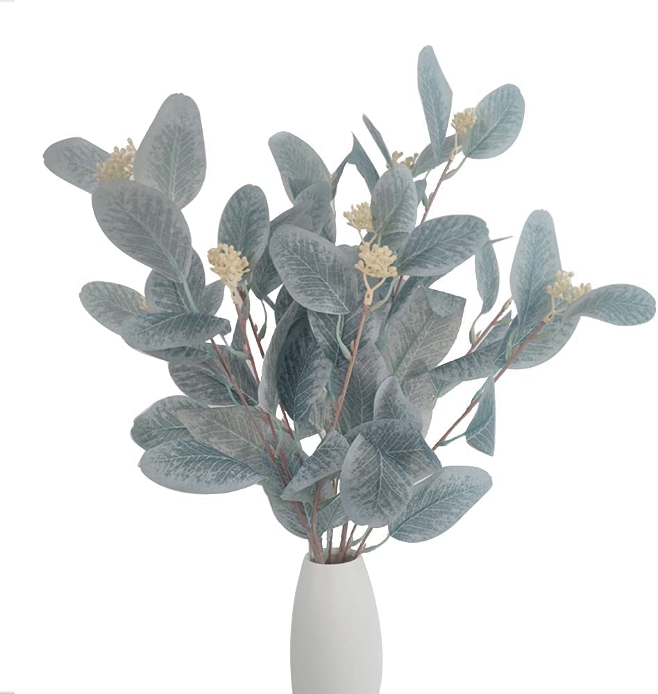 HAOSHICS 6pcs Faux Eucalyptus Stems - Blue Artificial Greenery Spray with Silver Dollar Seeds for Home Decor, Kitchen, Vase Arrangements & Parties (Light blue)