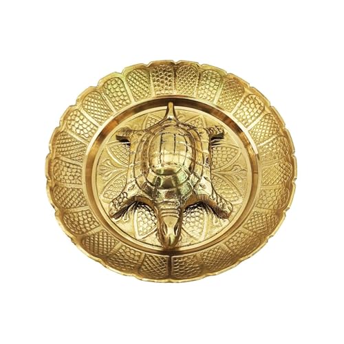 Image of Pure Brass Turtle Figurine on Decorative Plate, Gold, Vastu Feng Shui Tortoise with Patterned Tray