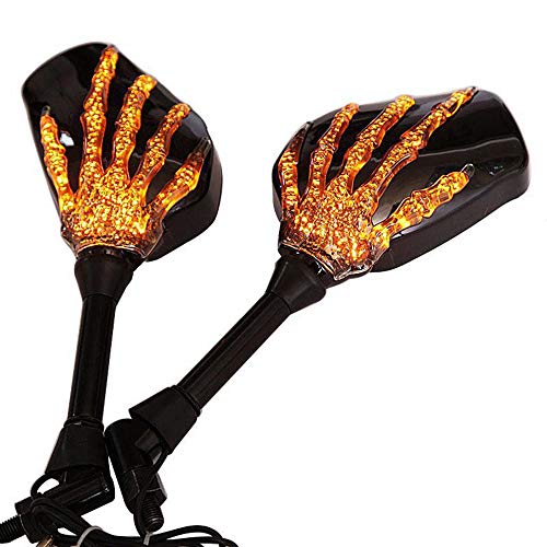 2Pcs Motorcycle Rearview Mirror LED Skull Skeleton Hand Ghost Claw Side Rear View Mirrors Left & Right Wide Angle Motor Motorbike Rearview Mirror LED Light Turn Signal Mirror Fit 10mm 8mm Thread Bolts