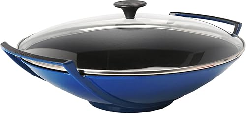 Le Creuset Wok de hierro fundido esmaltado de 14-14 pulgadas con tapa de cristal, azul cobalto