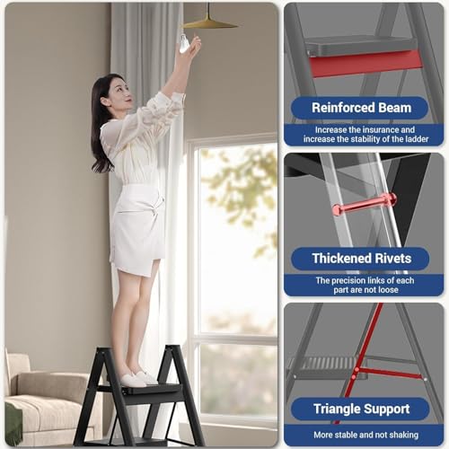 Image of Portable 3 Step Ladder Folding Step Stool for Home Kitchen Office Library, Lightweight Heavy Duty Steel Frame, Anti-Slip Wide Pedals, Easy Storage, Modern Black (1Pcs)