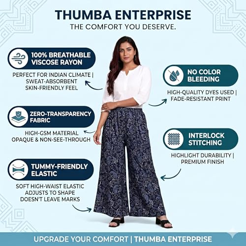 Image of THUMBA Women's Printed Poly Rayon Palazzo Pants | Wide Leg Culottes | Floral & Butterfly Print | Elastic Waist | Casual & Ethnic Wear | S M L XL 2XL 3XL