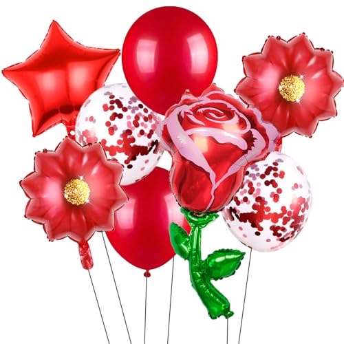 Image of 8 PCS Red Rose Balloon Suit Foil Balloons Festival Birthday Valentines Day Baby Shower Wedding Engagement Boys and Girls Decorative Articles