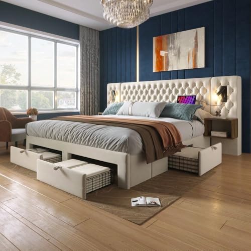 Sairedel Schlafzimmer-Komplettset con 2 mesitas de noche y cama tapizada - 160x200 cm en beige (articulación) con luz de lectura y USB - Incluye 4 cajones, sin colchón