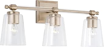 Capital Lighting 144831BS-523 Breigh Modern Clear Glass Cylinder Vanity Lights for Bathroom, 3-Light 300 Total Watts, 10" H x 23" W, Brushed Champagne