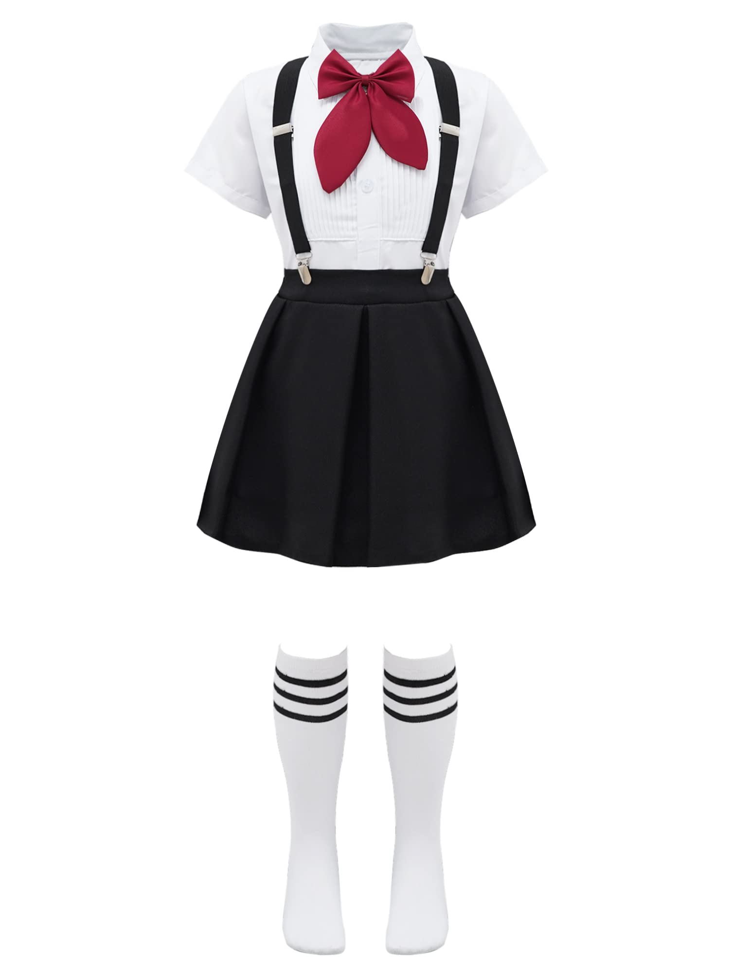 inhzoy Vestido de Uniforme Escolar para Niñas Cosplay Marinero Japonesa JK Traje de Coro Camisa&Falda con Tirantes&Calcetines&Altos&Pajarita Carnaval
