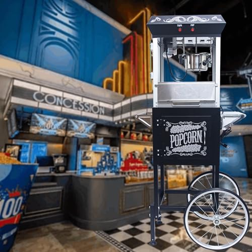 Image of Montary 8 Oz Commercial Popcorn Machine with Cart,650W Vintage Style Popcorn maker Equipped with Popcorn Scoops，Heated Deck & Storage for Home Movie House and Carnival,Black