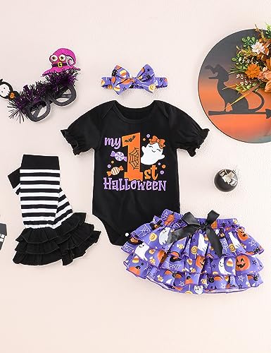 My First Halloween Outfits Baby Girl Newborn Skull Print Romper Dots Shorts with Leg Warmer Clothes Sets2