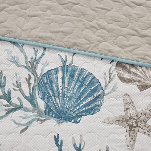 Madison Park Quilt Set Cottage Coastal Design, Starfish Print - All Season, Coverlet Bedspread Lightweight Bedding Layer, Shams, Toss Pillows, King/Cal King(104"X94"), Pebble Beach Aqua 6 Piece #TOP5
