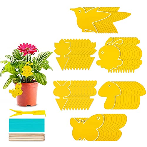 DriSubt 60Pcs Piège à Mouches Suspendu et Enfichable Plaques Jaunes Plante Autocollante Jaune de Protection Contre Les pucerons moustiques, Les Mouches des Feuilles et Les Mouches Blanches (6 Shapes) Cover