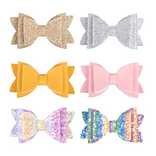 DEEKA 3" Glitter Hair Clip Bows 6PCS for Girls: 2 of Rinbow Colors/ 1 Glitter Silver/ 1 Glitter Gold/ 1 Leather Ginger/ 1 Leather Pink