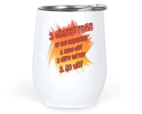 Novelty Gift Humorous Gifts for Gen Z Ns, Ideal for Birthday Present - Three Fears Slow Wifi, Empty Battery on 12 Oz White Stainless Steel Wine