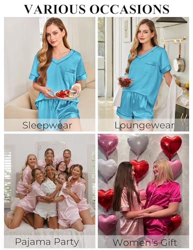 Image of Silk Pajamas for Women Short Sleeve Satin 2 Piece Pj Set Soft V Neck Sleepwear Loungewear, S-XXL