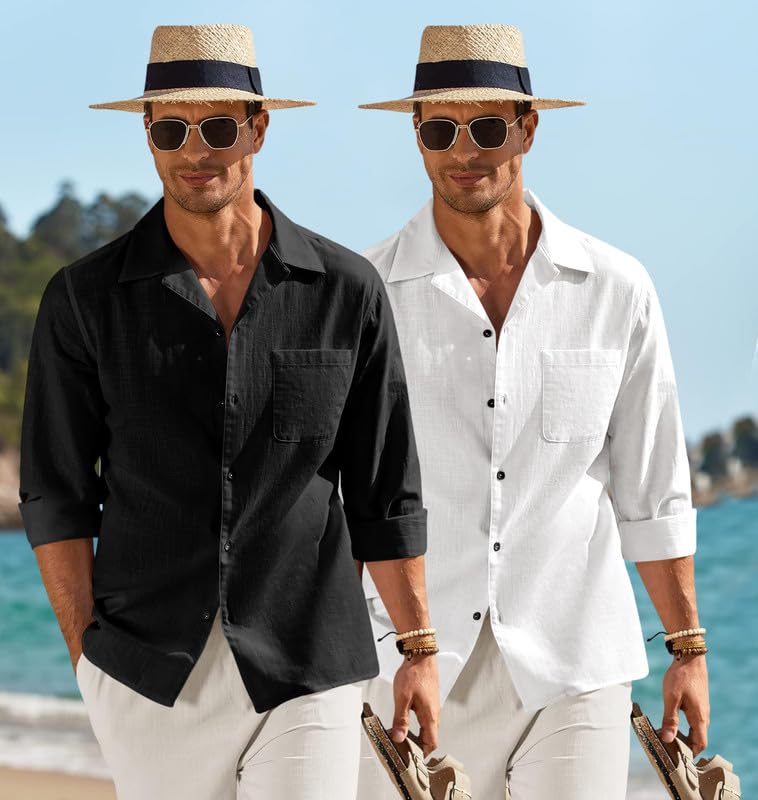 Image of Combo of Men's Casual Cotton Blend Shirt || Long Sleeve Button Down with Spread Collar | Lightweight Breathable Fabric | Stylish Solid Shirt for Beach, Office & Everyday Wear Pack of 2