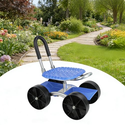 Smbcgdm Rollbarer Gartensitz Garagenhocker Allzweck-Gartenhocker mit flachen Rädern Faltbarer Lazy Picking-Drehwerkzeugwagen mit Ablagefläche höhenverstellbar zum Jäten Pflanzen blau (Blau)