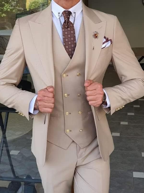Men's Suits Slim Fit 3 Piece Suits for Men Double Breasted Suit Gold Button Blazer Wedding Suits Jacket Vest & Pants Set2