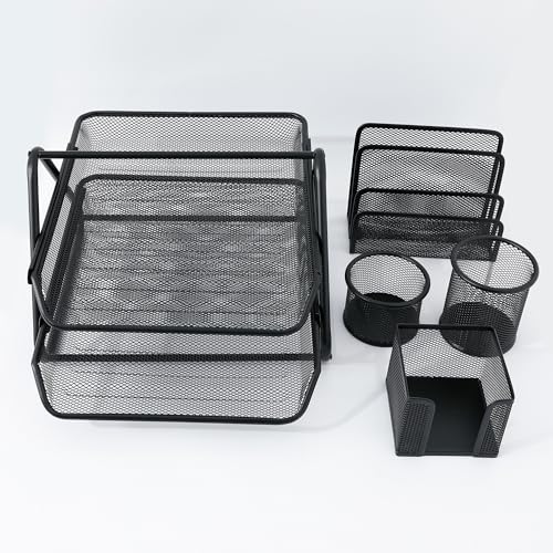 Image of The Better Home Office Desk Accessories Set of 5 Pen Holder, 2 Tiered Shelf File Freestanding Rack, Books Diaries, Paper Clips, Business Card Holder | Office Table Accessories Metal Mesh Design