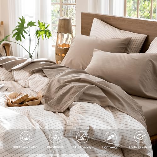 Image of MooMee Sheet Set 100% Washed Cotton Linen-Like Extra Deep Pocket Queen | Relaxed Linen-like Texture. Soft, Breathable & Lightweight Comfort. 15-19 inch Extra Deep Pocket with All-around Elastic