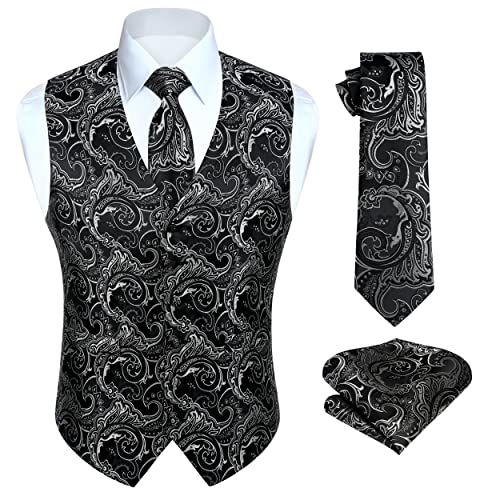 HISDERN 3PC Mens Vest Tie Set Waistcoat Paisley Jacquard