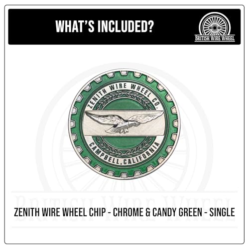 Image of Zenith Chrome & Candy Green Metal Wheel Chip Emblem (Single) | Triple Chrome Plated Solid Metal Wheel Chip Emblem 2.25 inch | for Lowriders with Recessed Knock Off Spinner Caps