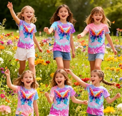 Image of SunFoucs Girls Kids Shirts Size 5-12 Tie Dye Casual Tshirt Short Sleeve Crewneck Tee Top | Short Sleeve Rainbow Tee Top