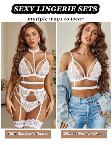 Image of Avidlove Lace Garter Lingerie Set with Removable Choker Teddy Babydoll Strappy Bra and Panty Set (No Stockings)