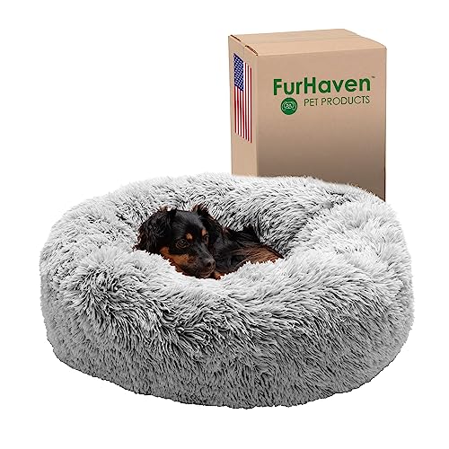 Furhaven 30" Round Calming Donut Dog Bed For Medium/Small Dogs, Refillable W/ Removable Washable Cover, For Dogs Up To 45 Lbs - Shaggy Plush Long Faux Fur Donut Bed - Mist Gray, Medium #TOP20