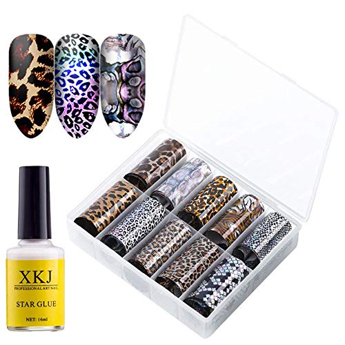 XICHEN 10 Roll/Color Starry Sky Nail Foil Transfer Sticker Paper Colorful Gradient Starry Sky Nail Art Decoration Kitï¼Œwith 1 Bottle of Professional Star Glue (Fashion Leopard Print 1#)