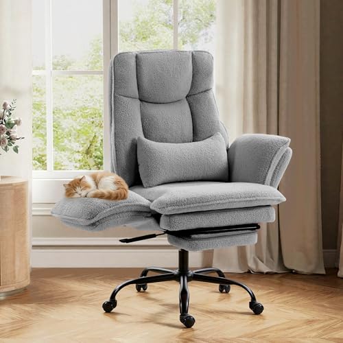 Image of Office Chair,Big and Tall Heavy-Duty Executive Reclining Computer Gaming Chair with Footrest,Flip Armrests,Lumbar Pillow&Thicken Wider Seat for Criss Cross Legged Desk Vanity Chair,Teddy Fabric Grey