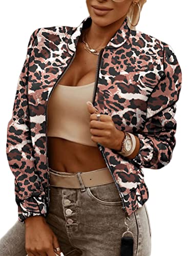 shownicer Damen Casual Jacke Blumenmuster Langarm Bomberjacke Reißverschluss Stehkragen Outwear Kurz Coat Herbst Frühling Leicht Jacke C Leopard M Cover