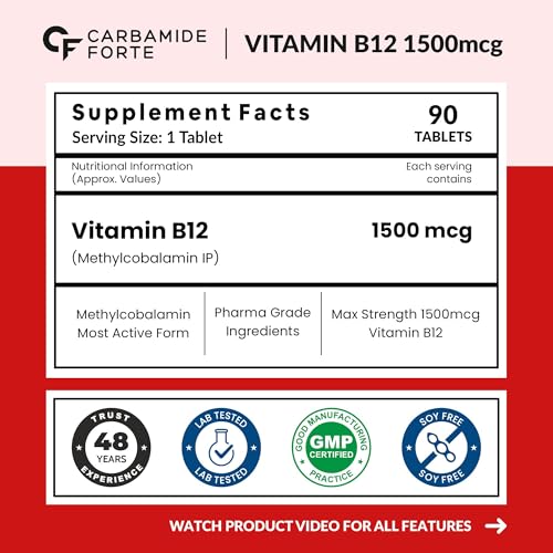Carbamide Forte Vitamin B12 Tablets 1500mcg -Active form of Methylcobalamin B12 Supplement for Men & Women- 90 Veg Tablets - Image 2