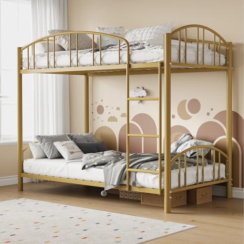 Garvee Bunk Bed Twin Over Twin with Ladder and Arched Guardrail, Heavy Duty Bunkbeds Frame with Sturdy Steel Slats Support for Kids Boys Girls, Space-Saving, No Box Spring Needed, Gold