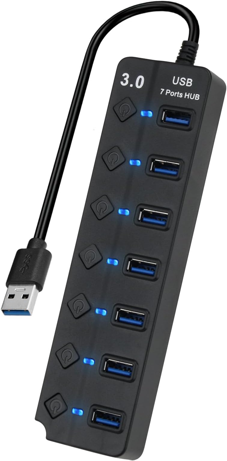 7-Port USB 3.0 Hub with Individual Switches & Lights, Multiple Port USB Adapter Extension High-Speed Data Hub, Portable USB Splitter with 1FT Extended Cable for PC, Flash Drives, Laptop, Printer