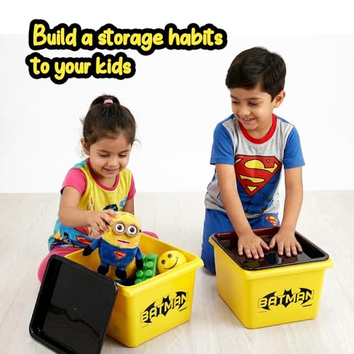 Image of Nayasa Stack N Store Batman, Small, 5 ltrs | DC Superhero Print Plastic Storage Boxes Set of 2 with Lid | Side Handles | Stackable Multipurpose Organizers | Strong & Durable | Yellow