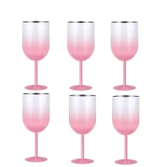Set of 6 Stainless Steel Wine Tumblers Double-Walled Insulated Cute Pink Drinkware with Lid for Red or White