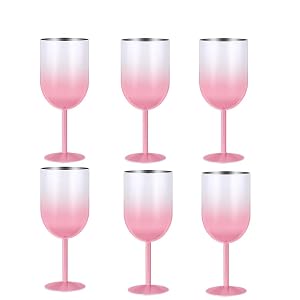 Set of 6 Stainless Steel Wine Tumblers Double-Walled Insulated Cute Pink Drinkware with Lid for Red or White