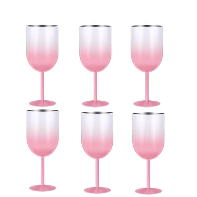 Set of 6 Stainless Steel Wine Tumblers Double-Walled Insulated Cute Pink Drinkware with Lid for Red or White