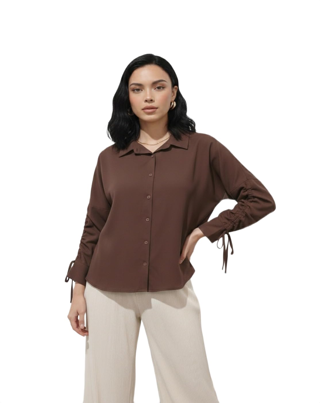 Women Brown Solid Button Down Shirt Top | Tie-Up Sleeve Casual Office Wear Top-image-16